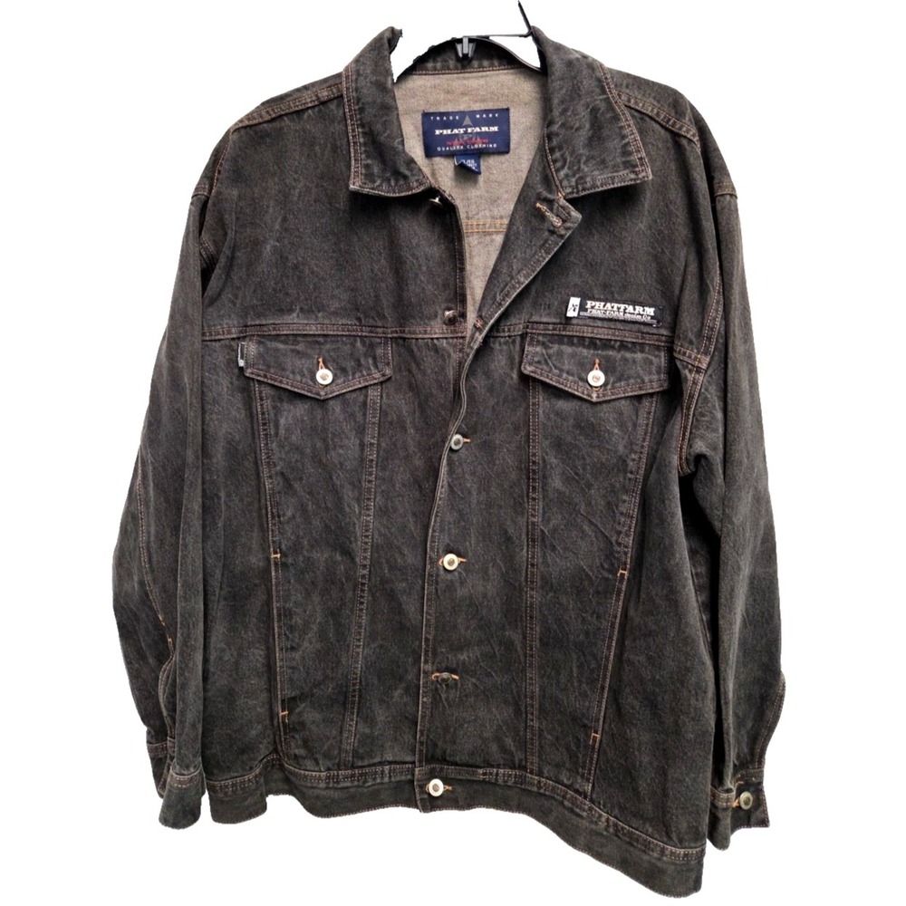 Vintage Phat Farm Jacket XL Mens Black Denim Jean Distressed Rap‎ Y2K Logo